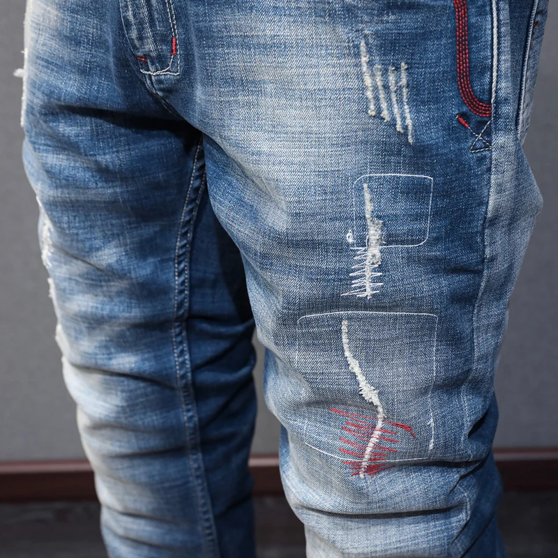 High Street Fashion Men Jeans Retro Blue Elastic Slim Fit Embroidery Patched Vintage Ripped Jeans Men Hip Hop Denim Pants Hombre