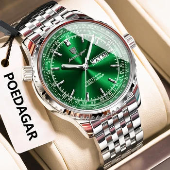 POEDAGAR Luxury Watch For Man Stainless Steel Date Week Quartz Men Clock Waterproof Luminous Military High Quality Men's Watches