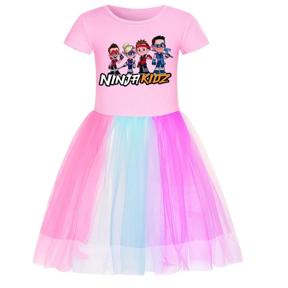 Ninja Kidz Kids Clothes Knee-Length Dresses+ Bag Cute Cotton Gauze Full Dress Teenagers Cartoon Baby Girls Party Clothing