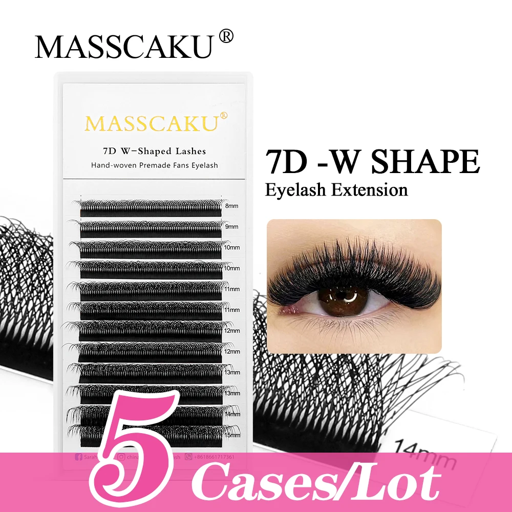 

MASSCAKU 5cases/lot C/D curl False Eyelash Extension 8-15Mix Matte Black PBT Mink Eyelashes Easy Grafting W Shaped Lash Makeup