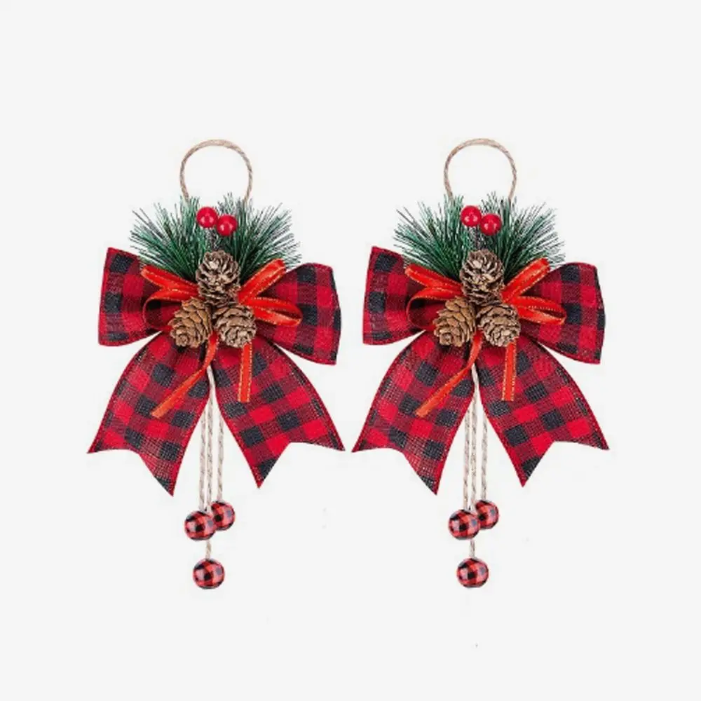 2pcsChristmasRibbonBowPineConesRedBlackPlaidSparklingGlitter