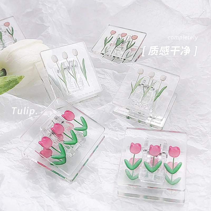Paper Clips 1Pc Tulips File Folder Cute Small Clip Transparent DIY Acrylic Simple Color Clip Student Stationery Supplies Kawaii