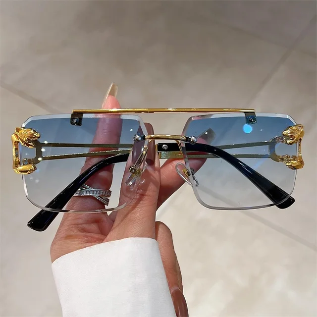 KAMMPT-gafas de sol sin montura Vintage para hombre y mujer, lentes cuadradas de gran tamaño, con gradiente de doble puente, UV400 - Imagen 3