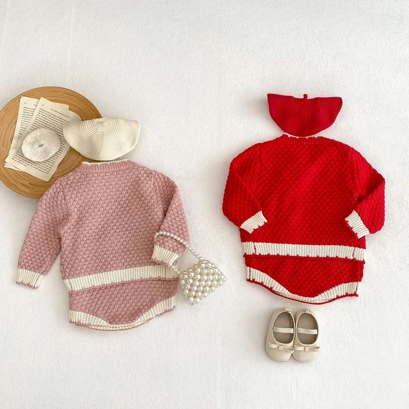 

Cute Baby Girl Clothes 0-3Years Newborn Princess Long Sleeve Knitted Cardigan Sweater Knitwear Strap Romper INS Autumn Clothes