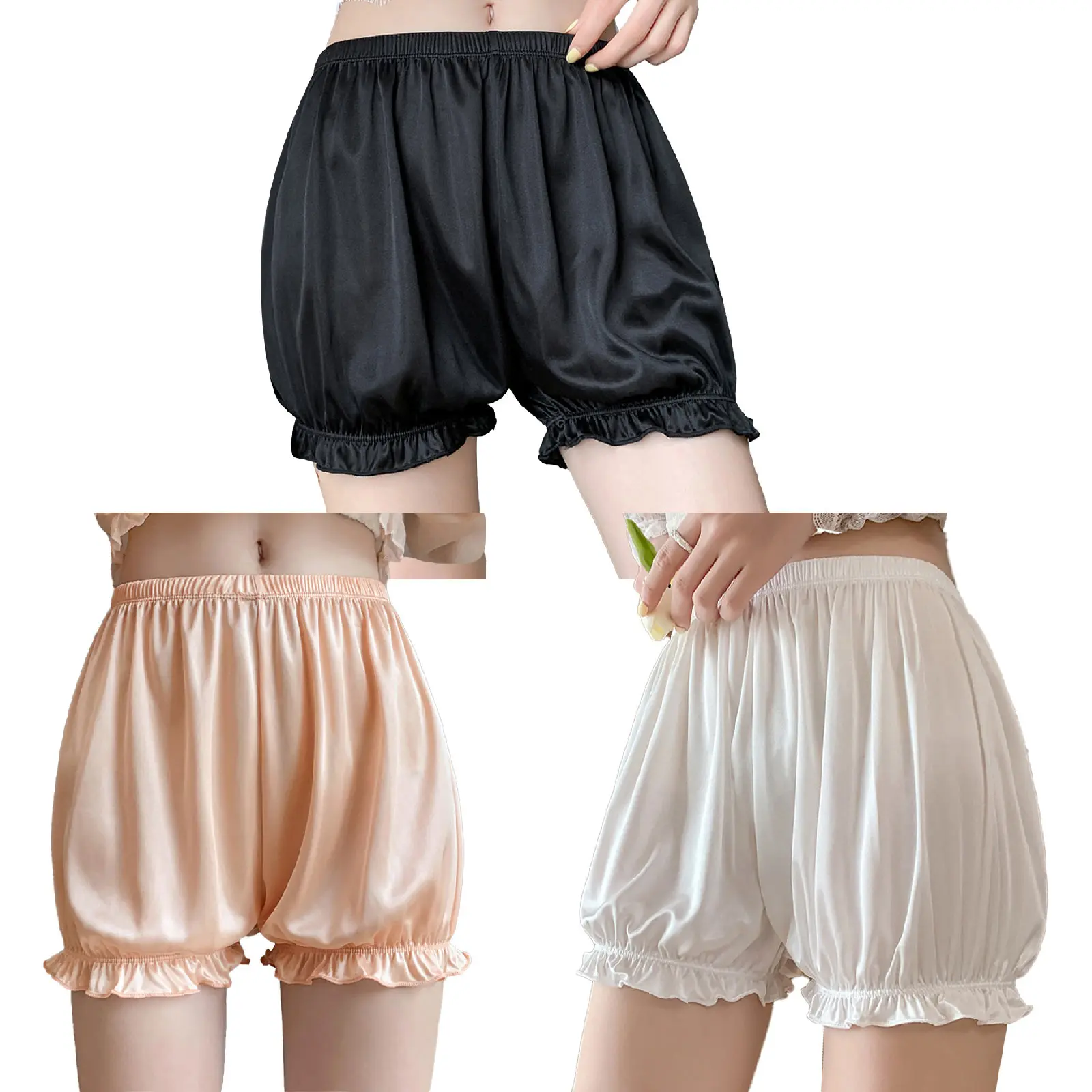 Description Picture 4 of itemSatin Safety Short Pants Ice Silk Bloomer Shorts Women Ruffled Pumpkin Pants Victorian Pettipants Sleeping Bottoms Shorts