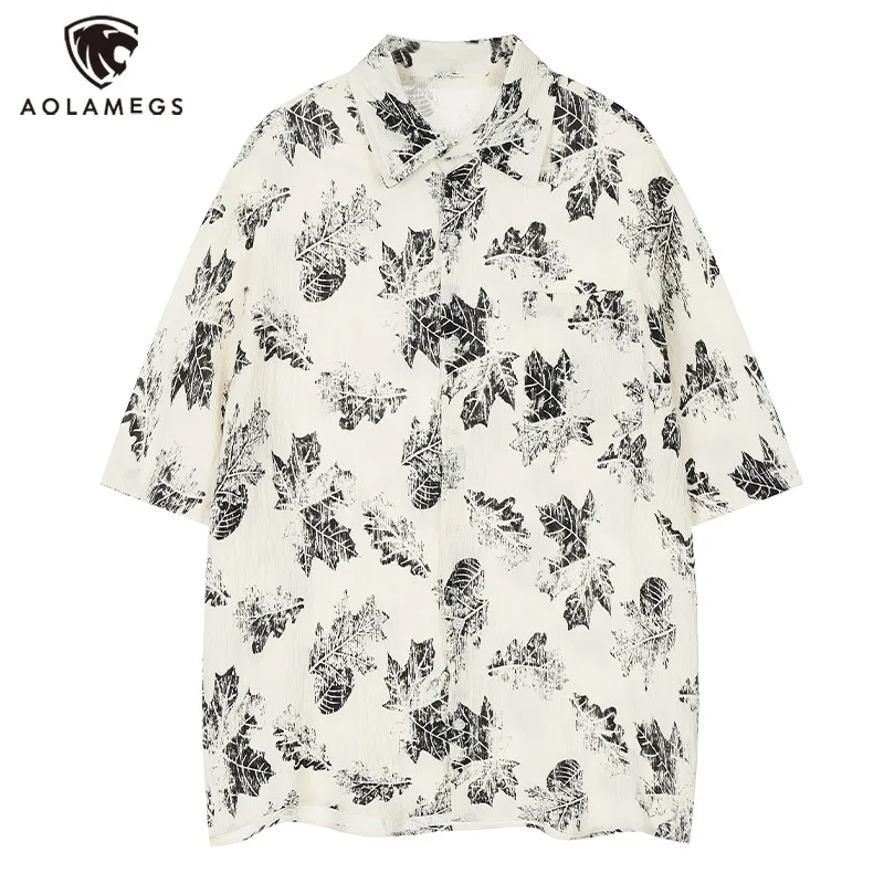 Aolamegs Shirt Vintage Maple Leaf Print Oversized Short Sleeve Shirts Coat Harajuku Japanese Retro Summer Blouse White Coffee