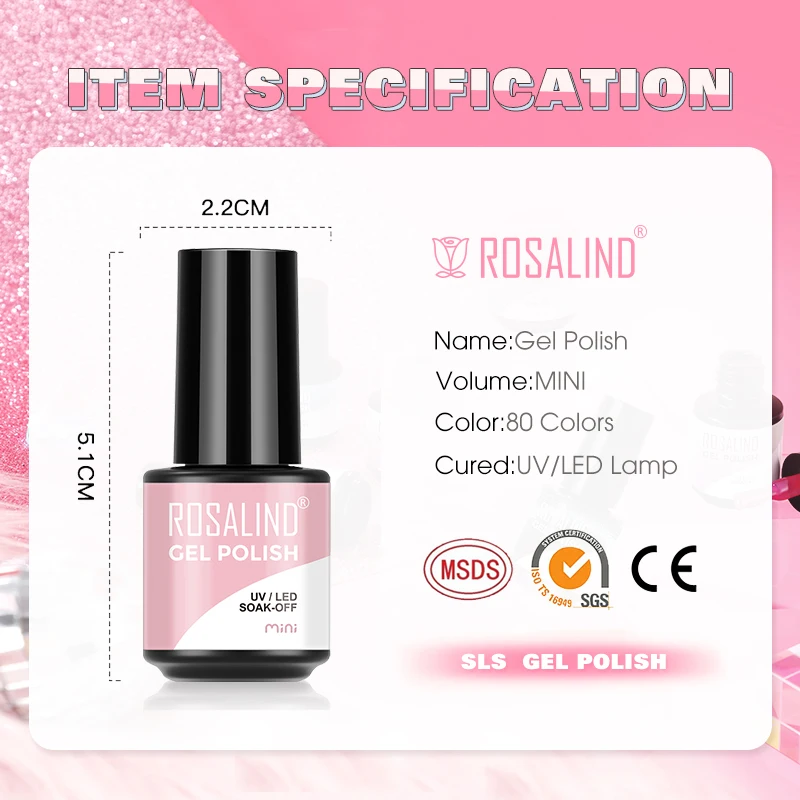 ROSALIND Mini Bottle Pure Color Nail Gel Polish Hybrid Varnish Semi Permanent Nail Art Soak Off UV Lamp Nail Gel Top Base Coat