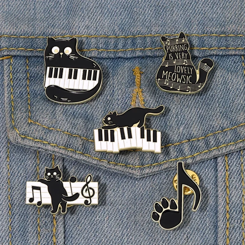 Black And White Keys On The Piano Enamel Pins Cat And Musical Note Brooches Lapel Badges Concert Jewelry Gift For Art Friends