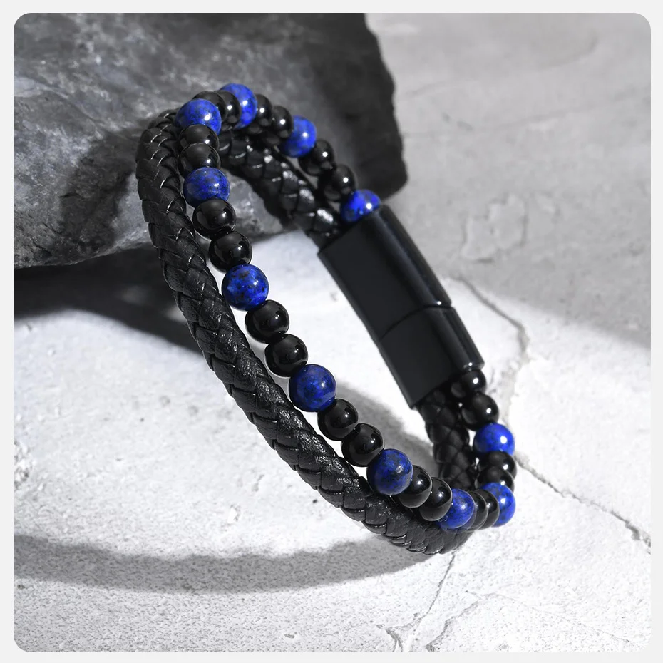 Vnox Tigerauge-Stein-Armband für Herren, blaue schwarze Perlenarmbänder, schwarzer geflochtener Lederarmreif, Geschenk für Papa, Vatertag – Detail 8