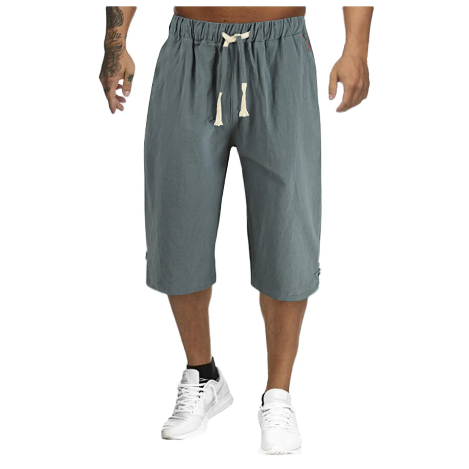

Брюки мужские хлопково-льняные укороченные, дышащие однотонные льняные шорты, штаны для фитнеса, уличная одежда, летние дышащие