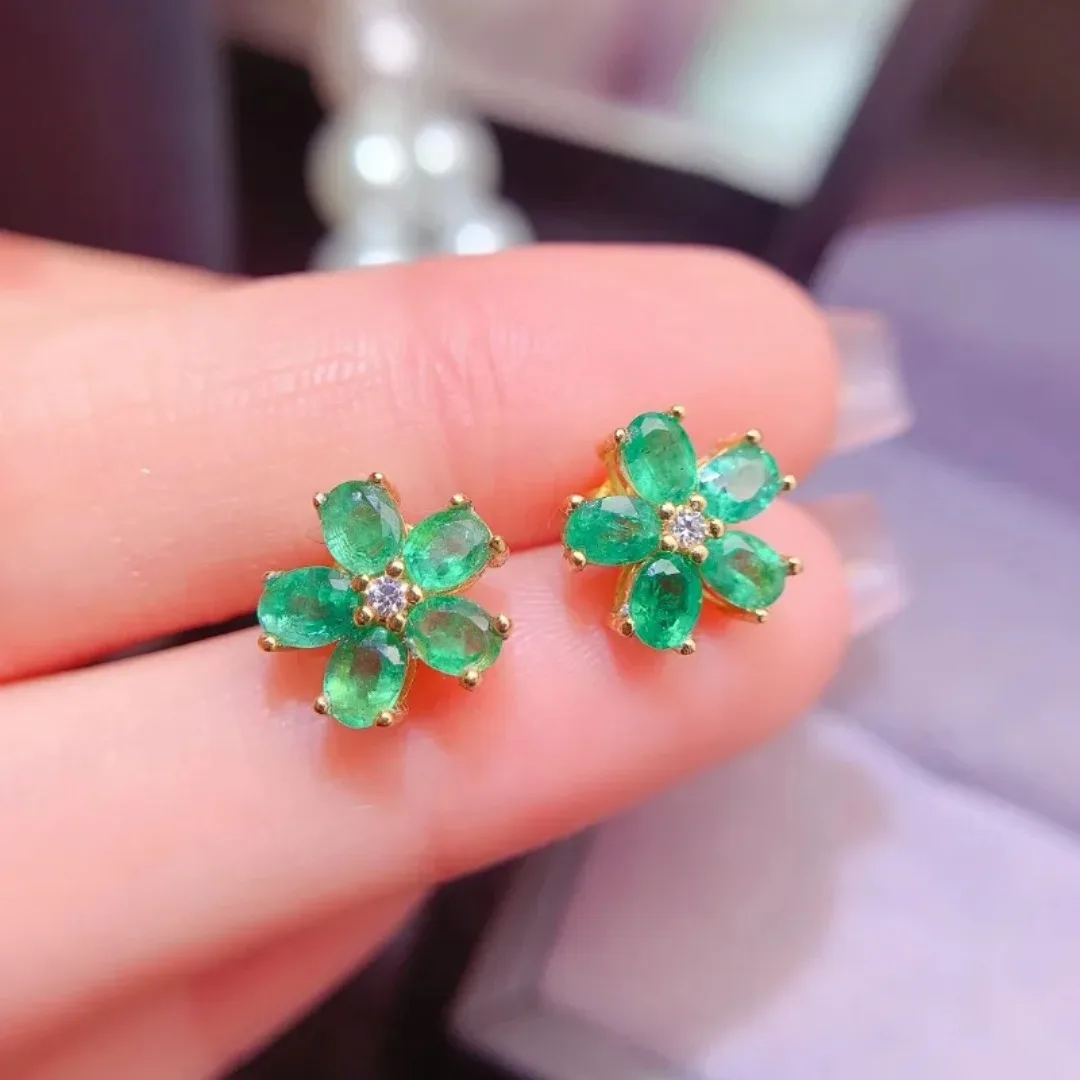 Natural Emerald Flower Design Earrings - Side View