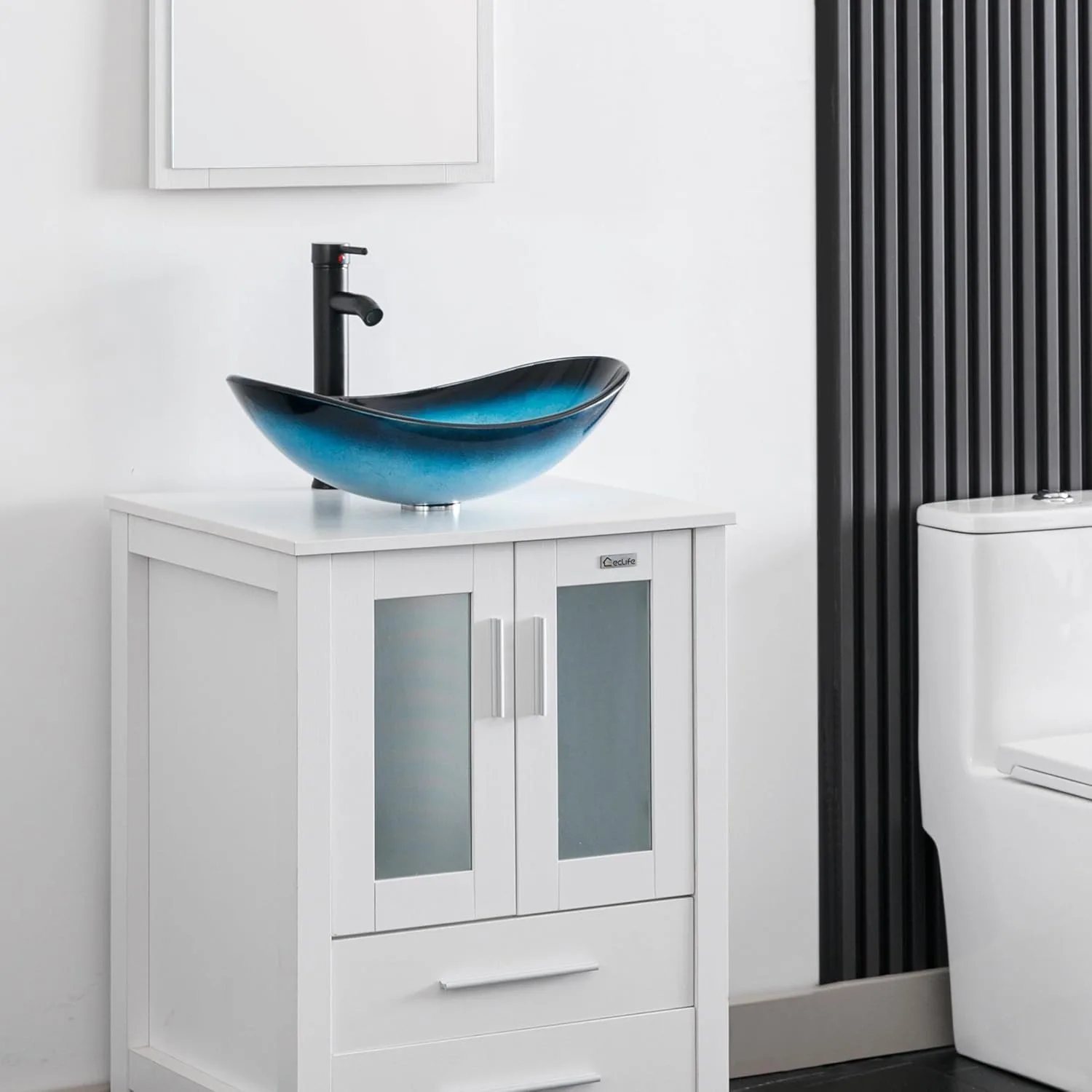 21.5" Bathroom Vessel Sink Artistic Single Boat Tempered Glass Basin Countertop Bowl Sink for Lavatory Vanity Cabinet 2
