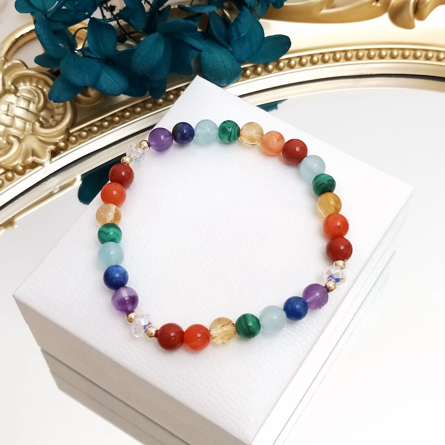 

Lii Ji Natural Gemstone 7 Chakras American 14K Gold Filled 6mm Elastic Bracelet 18.5cm/19cm For Female Jewelry
