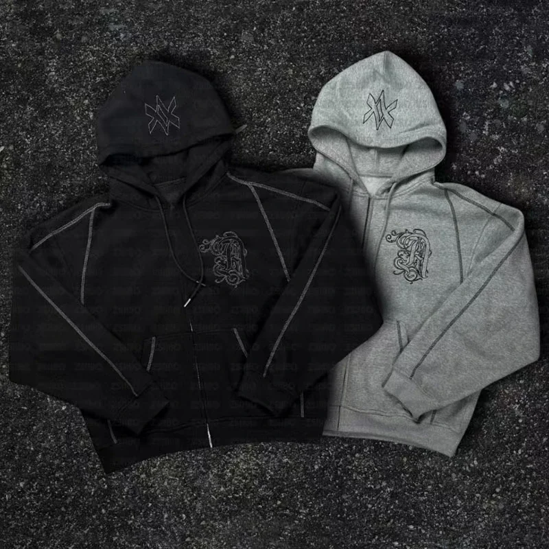 Américain Y2K décontracté sweat à capuche avec fermeture éclair pantalon de survêtement deux pièces ensemble HipHop surdimensionné broderie sweats hommes femmes pantalons décontractés 6