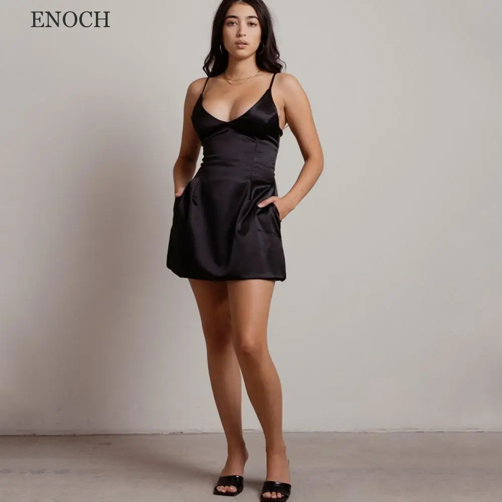 ENOCH Mini V-Neck Satin Homecoming Dresses Open Back Sleeveless With Pockets Party Dresses Custom Made Beach Vestidos De Fiesta