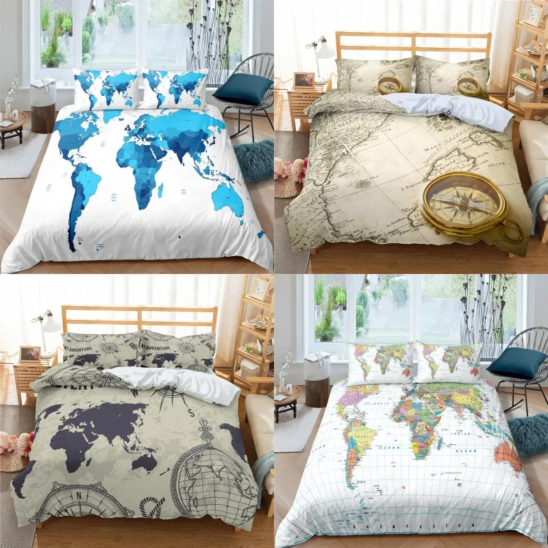

Vintage Ocean Map Print Polyester Bedding Sets Child Kids Covers Boys Bed Linen Set for Teens king size bedding set