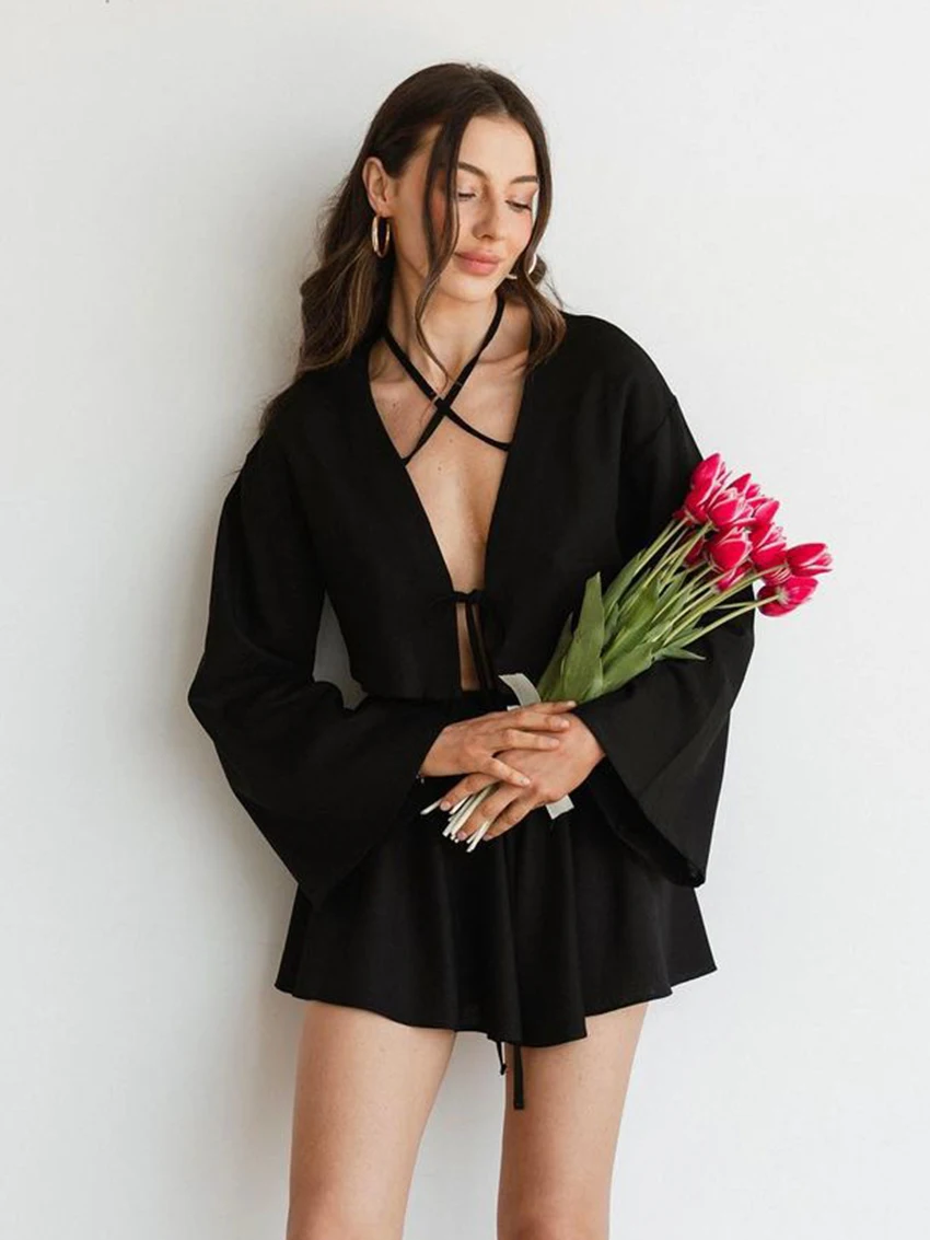 Marthaqiqi Causal Women Sleepwear Set V-Neck Pajama Long Sleeve Nightwear Crop Top Lace Up Nightgowns Shorts Ladies Pyjamas Suit