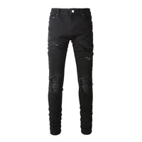 Men Leather Patch Biker Jeans for Motorcycle Streetwear Holes Ripped Patchwork Stretch Denim Pants Black Skinny Tapered Trousers 1