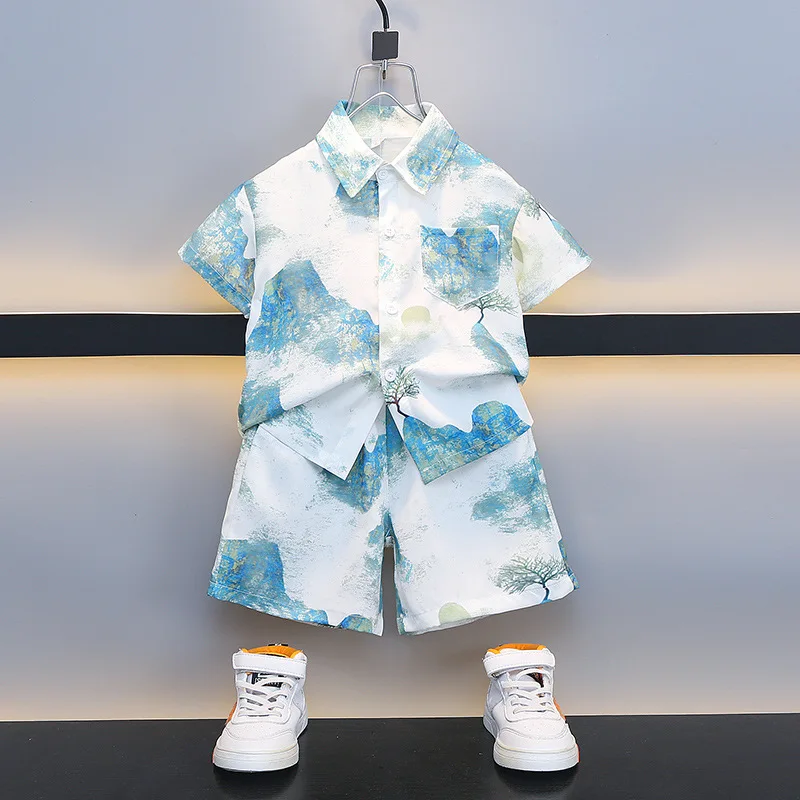 

Boys Suit Short-sleeved Polo Shirt + Loose Shorts 2-piece Set Ink Print Breathable Casual Street Style Children's Sets