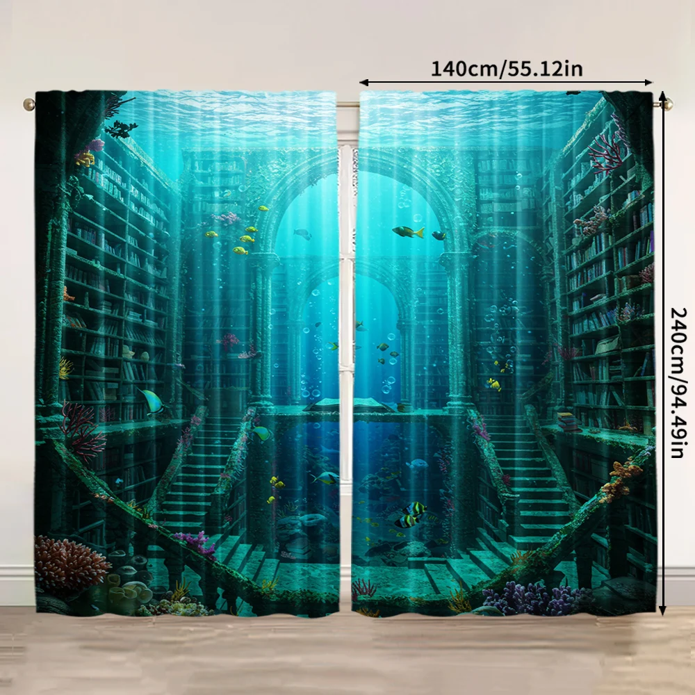 2pcs, spring summer Curtains Underwater library, Gothic architecture, with coral reefs and books Sheer Curtains Durable 100% 3