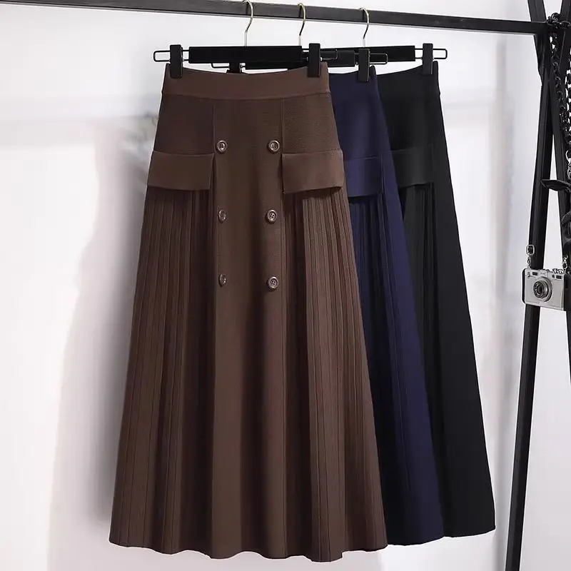 Autumn Winter Women Fashion Elegant Button Pleated Midi Skirt Female Solid Elastic High Waist Slim A-line Knitted Skirts Faldas