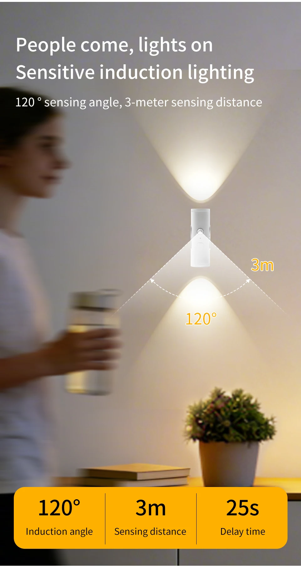 Human Body Sensor LED Night Light Double-head 3 Colors Wall Lamp Rechargeable Magnetic Ambient Light for Stairs Corridor Bedroom