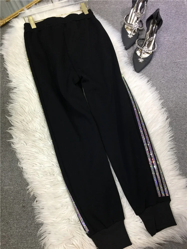 Thicken Fleece Female Sweatpants New Autumn Winter Side Line Hot Drilling Casual Sports Pants Streetwear Black Harem Trousers