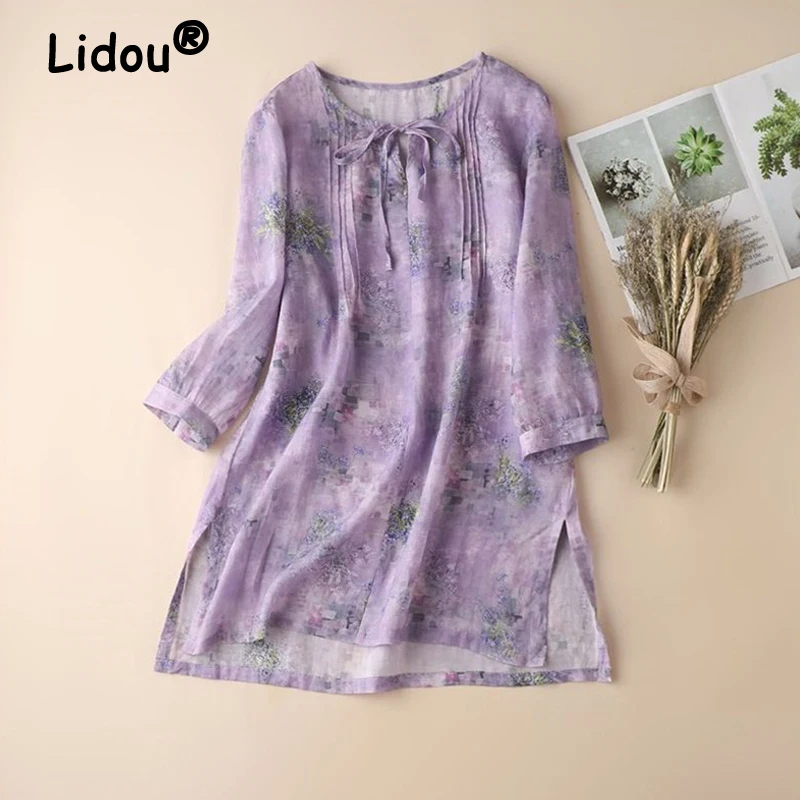 

Women's Retro Floral Print Lace Up Irregular Elegant Cotton Linen Blouse Japanese Style Tunic Tops 3/4 Sleeve Loose Shirt Blusas