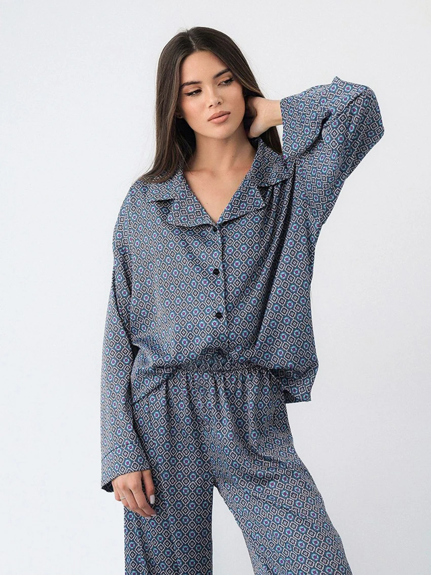 Marthaqiqi Printing Female Pajamas Suit Sexy Turn-Down Collar Sleepwear Long Sleeve Nightgowns Pants Casual Ladies Nightwear Set