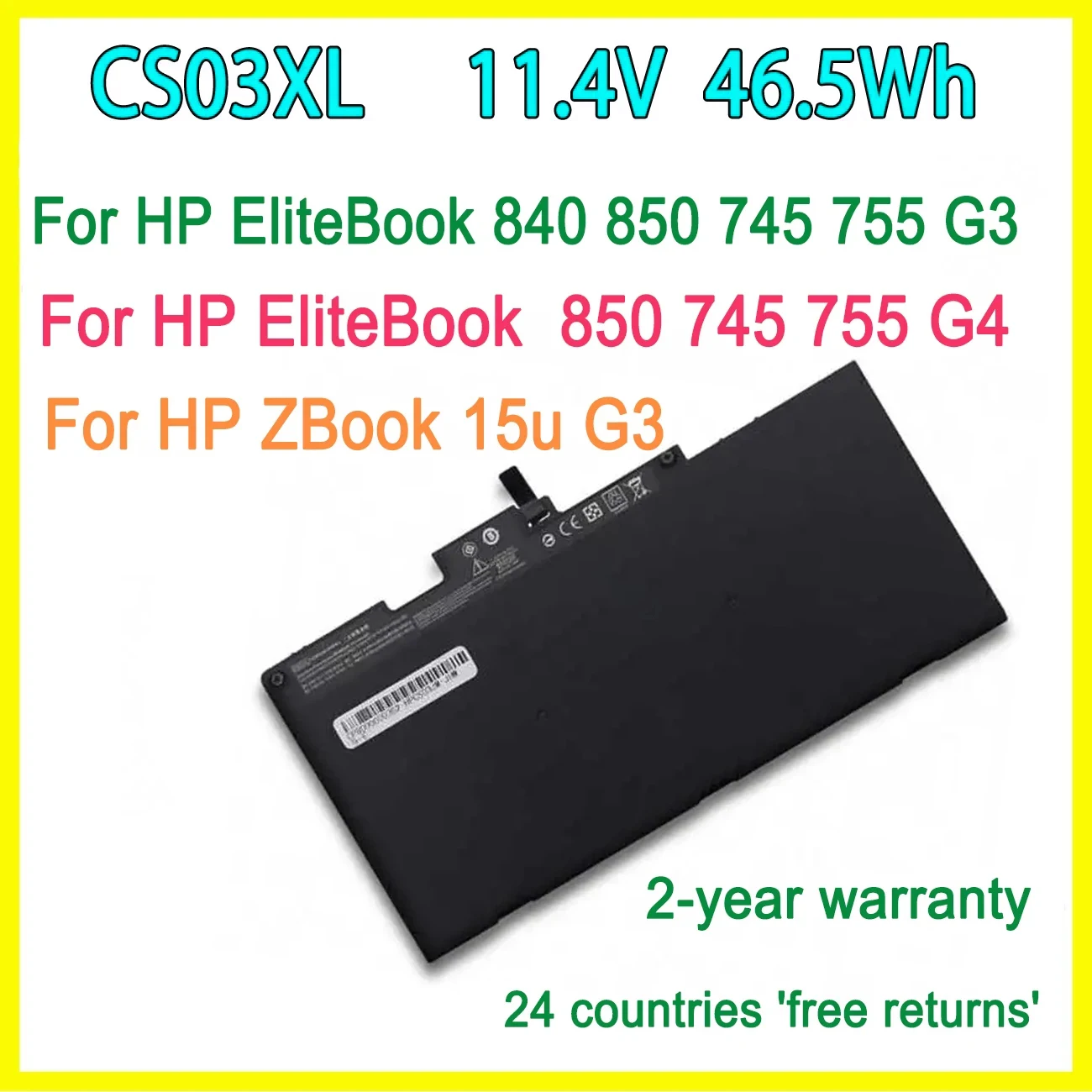 Nuova Batteria Per Laptop Cs03Xl Per Hp Elitebook 840 850 745 755 G3 / 850 745 755 Serie G4 Zbook 15U G3/G4 46.5Wh 11.4V