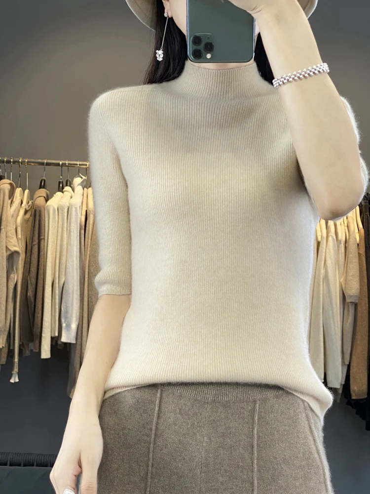 

Women 100%Merino Wool Sweater 2024 New Short Sleeve Pullover Spring Autumn Mock-Neck Basic Female Jumper Soft Shirt Girl Clothes