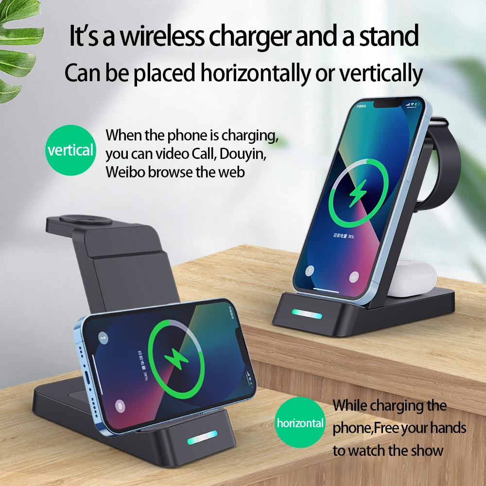 15W Wireless Charger Stand For IPhone 14 13 12 11 XR 8 Apple Watch 3 In 1  Fast Charging Dock Station for Airpods Pro IWatch 7