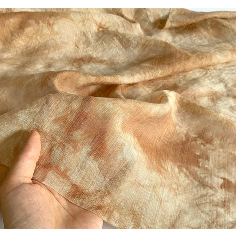 

Fabric Width 144cmx50cm Soft Slightly Transparent Light Coffee Apricot Grass Tie Dyed Silk Linen Cotton Diy Gauze Dress Hanfu