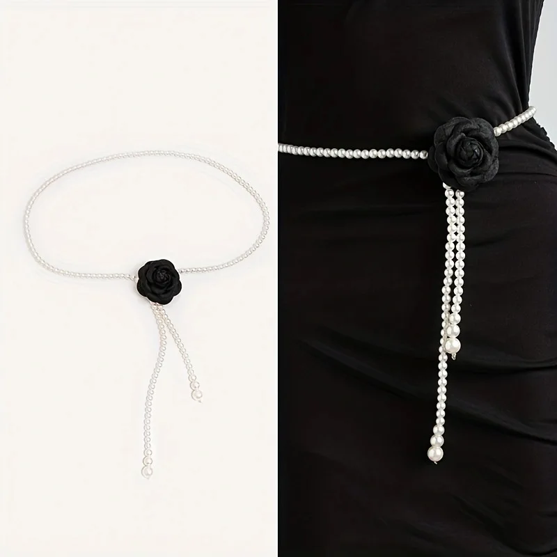 

Fashion Sweet Elegant Camellia Waist Chain Elegant Pearl Fabric Flower Buckles Waist Strap Female Dress Skirt Decor Waistband
