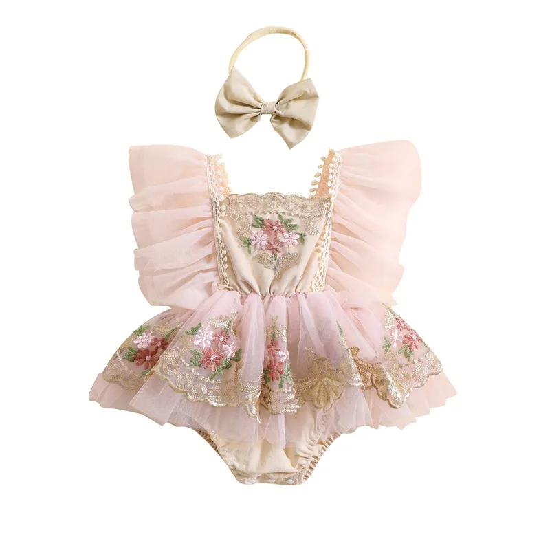 

0-24M Newborn Infant Baby Girl Romper Outfit Embroidery Lace Flower Fly Sleeve Romper with Bowknot Hairband Set Summer Clothes