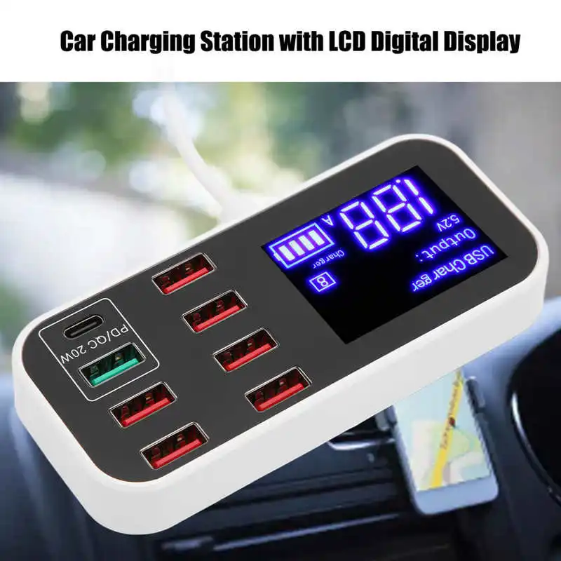 

Car Charger Multi USB Charging Station 8 Port Fast PD QC 3.0 Type C Port Phone Hub with LCD Display