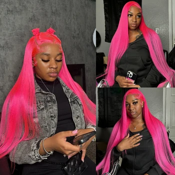 Pink Lace Front Human Hair Wigs Hd Straight 13x6 Lace Frontal Wig Pink Colored Human Hair Pre Plucked with Baby Hair 180 Density 1