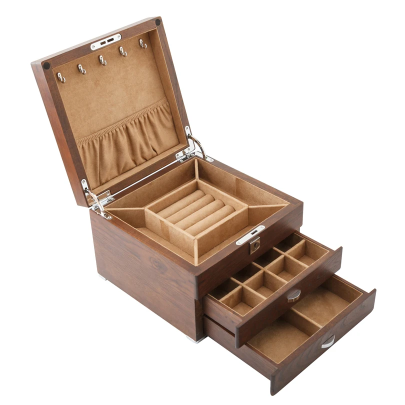 Wood Multi Layer Jewelry Box Storage Organizer Case with Lock Elm Large Vintage Jewelry Storage Box Earrings Display Drawer Gift