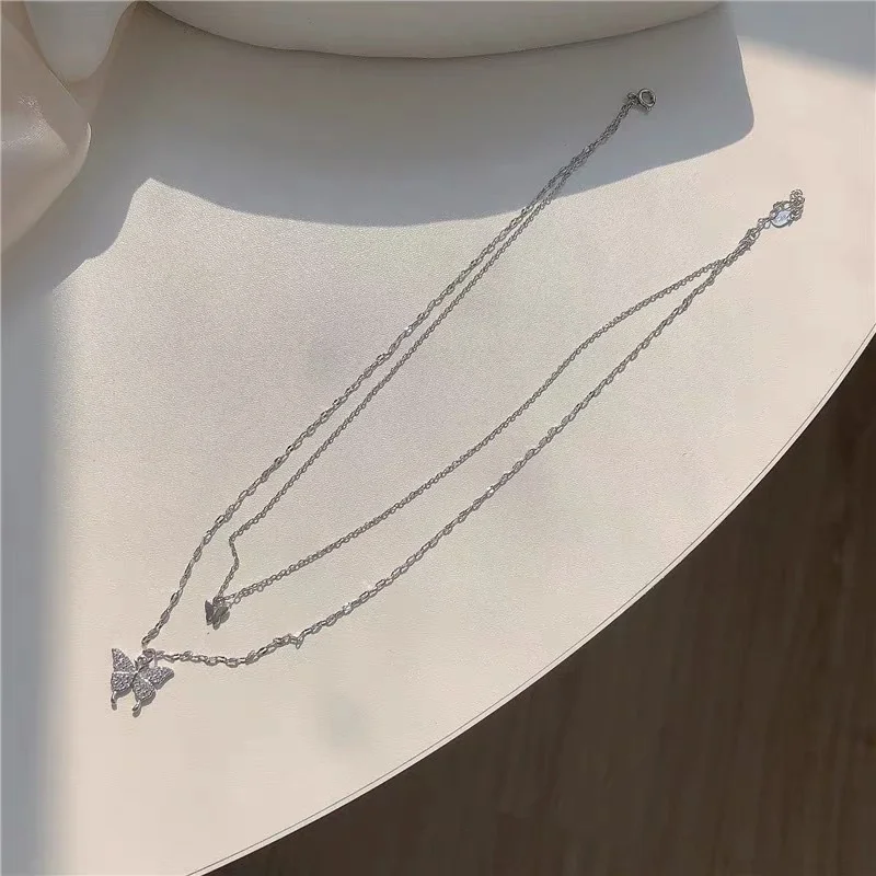 Double Layer Shiny Butterfly Cute Necklace Fashion Women's Temperament Clavicle Chain Romantic All-match Jewelry For Ladies Gift