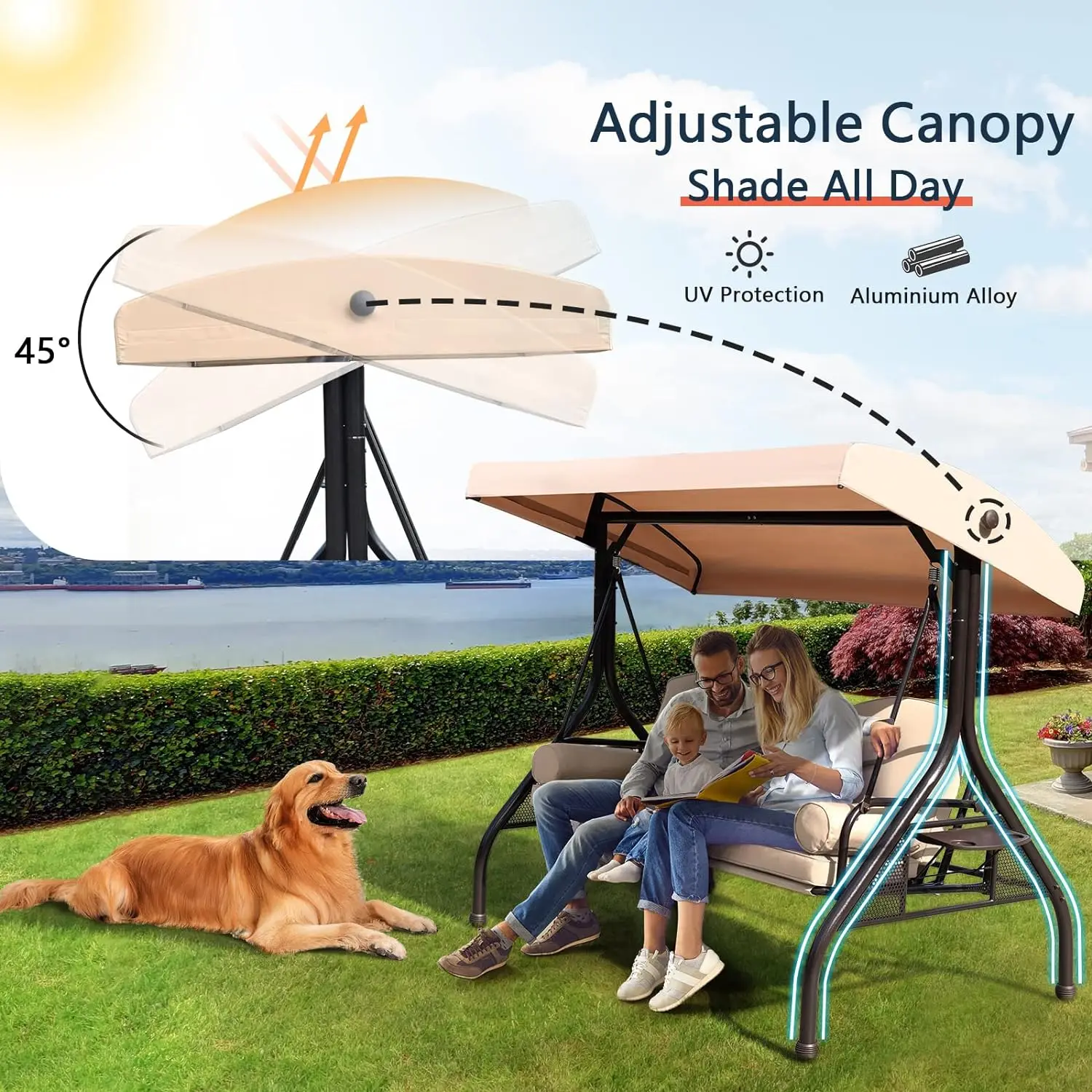 NOBLEMOOD Patio Porch Swing, 3-seater outdoor swing with adjustable canopy, pillows, pillows and foldable side trays，Khaki