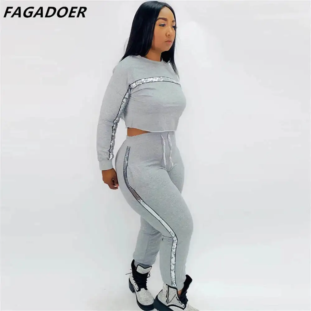 FAGADOER Casual Sporty Two Piece Set Women Round Neck Sequins Splicing Tops And Jogger Pants Tracksuits Fall Winter 2pcs Outfits 2pcs fall thanksgiving felt maple leaf garlands fall thanksgiving decorations colorful fall pumpkin garlands