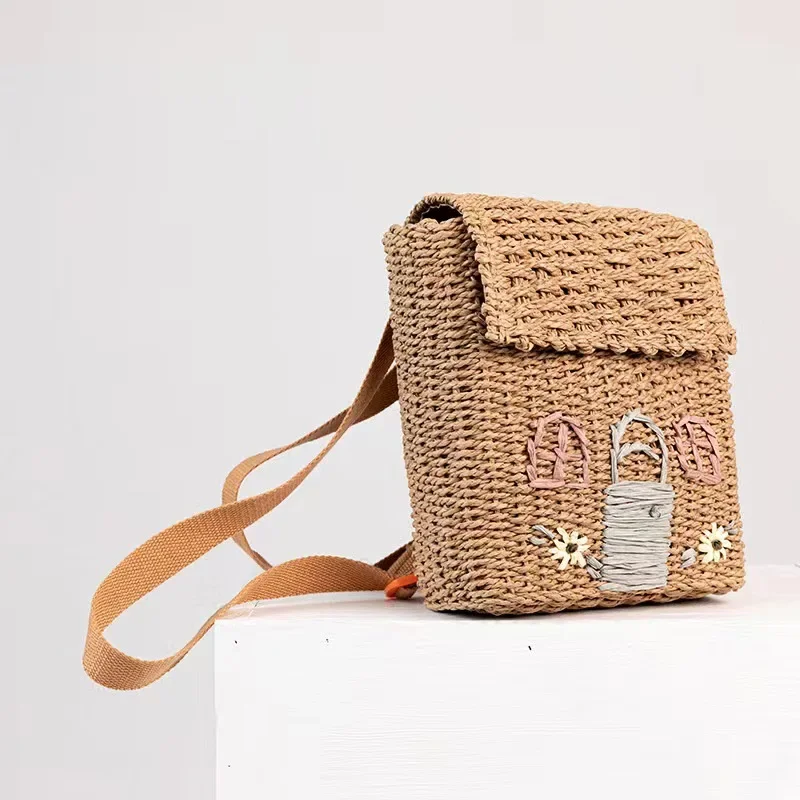 Cute House Shape Straw Backpacks for Little Girls Funny Handmade Woven Back Pack Lovely Summer Beach Bag for Children 2023 Bags 3