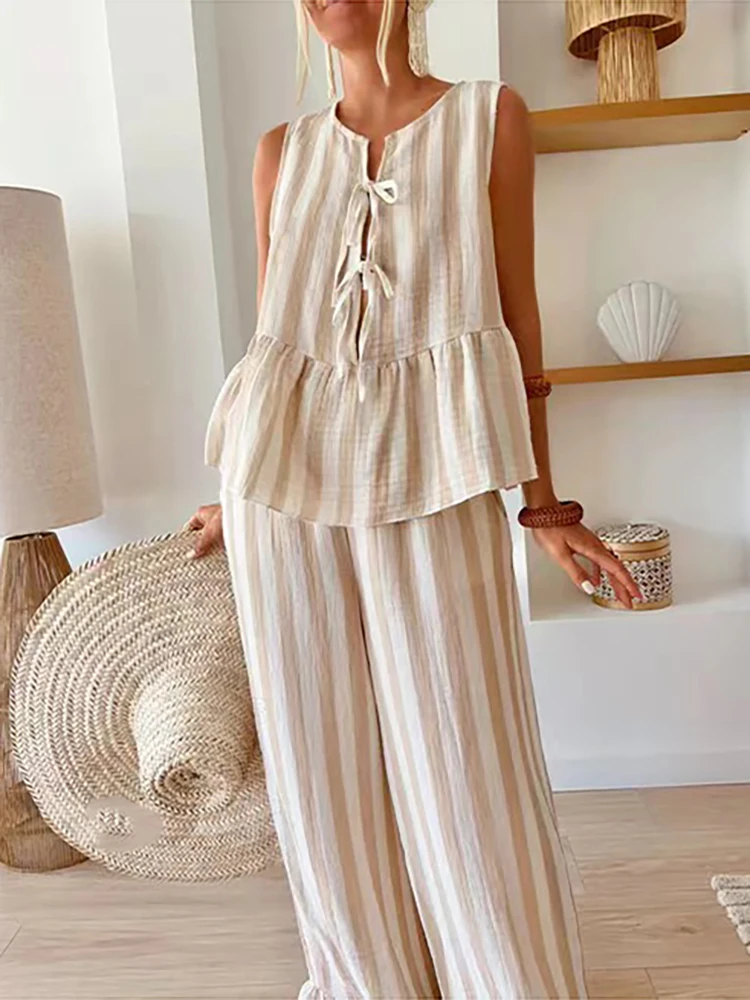 Summer Women's Sleeveless Casual Style Polyester Material New Fashion Striped Front Open Vest Top Wide Leg Casual Pants Set
