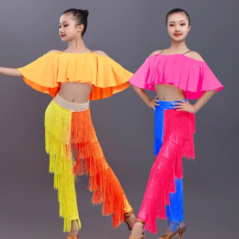 

Latin Dance Dresses Ballroom Ruffled Top Fringe Tassels Dress Pants Fringes Salsa Samba Costume Kids Latin Dance Clothes