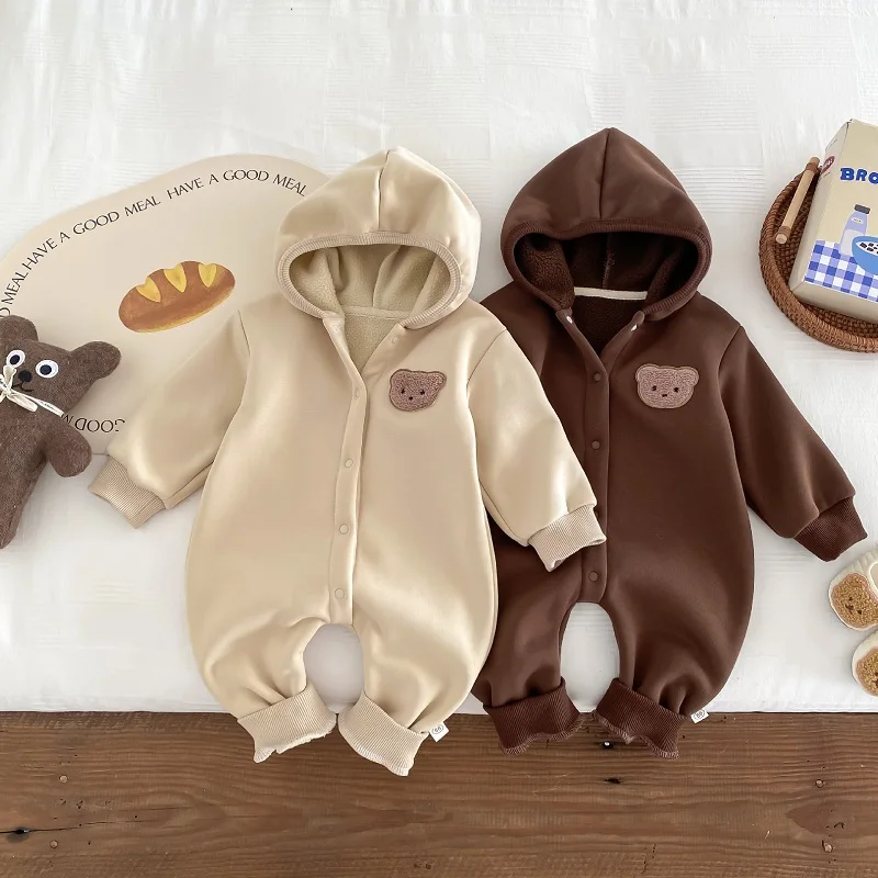 

Cute Newborn Baby Romper 0-2Years Infant Boy Girl Long Sleeve Cartoon Bear Hooded Fleece Thicken Jumpsuit Outwear Winter Clothes