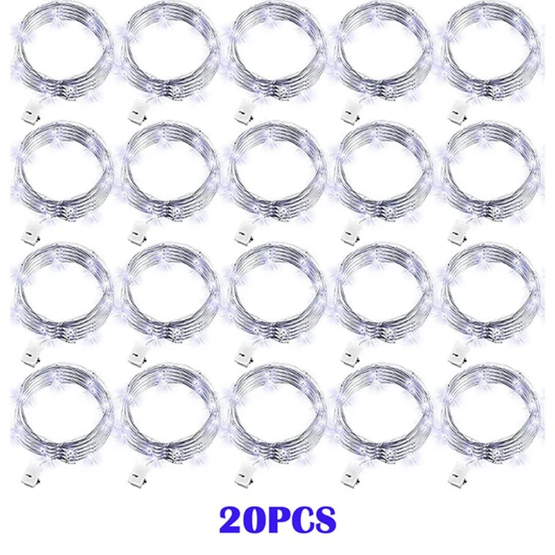 20-Pack Silver Copper Wire Fairy String Lights - Battery-Powered Decorative Lighting for Weddings, Parties, and Christmas