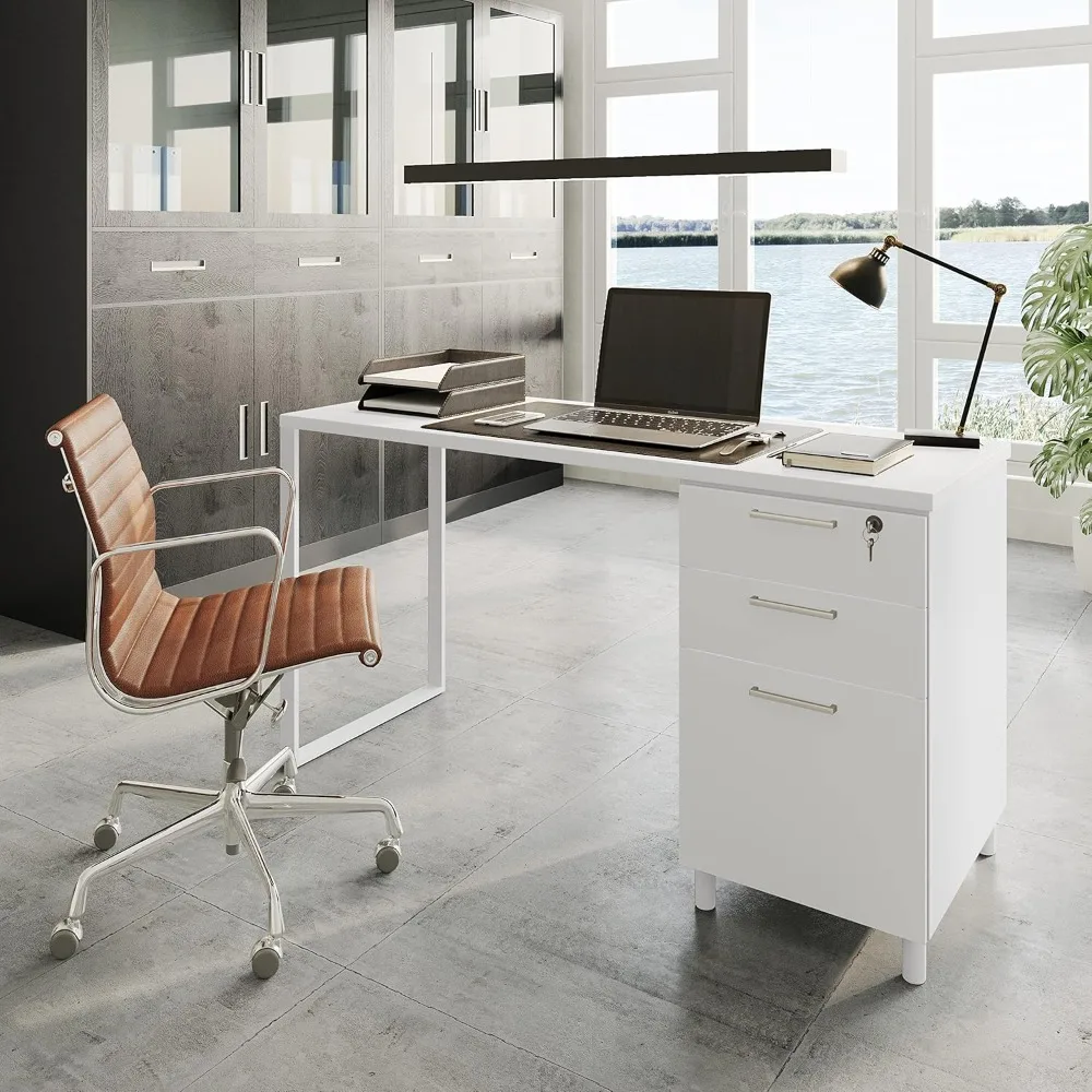 "contemporary milan-style office desk with 3 secure drawers, 48" white rustic wood desk with filing and storage solutions"