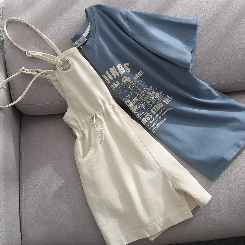 Summer Korean Fashion Striped T-shirt Overalls Set for Women Korean Leisure Joker Girls Student High Waist Shorts Clothing Sets