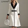 French Color Block Notched Collar Blazer Dresses Woman Button Decoration A-Line Office Dress Fall 3/4 Sleeve Elegant Party Dress