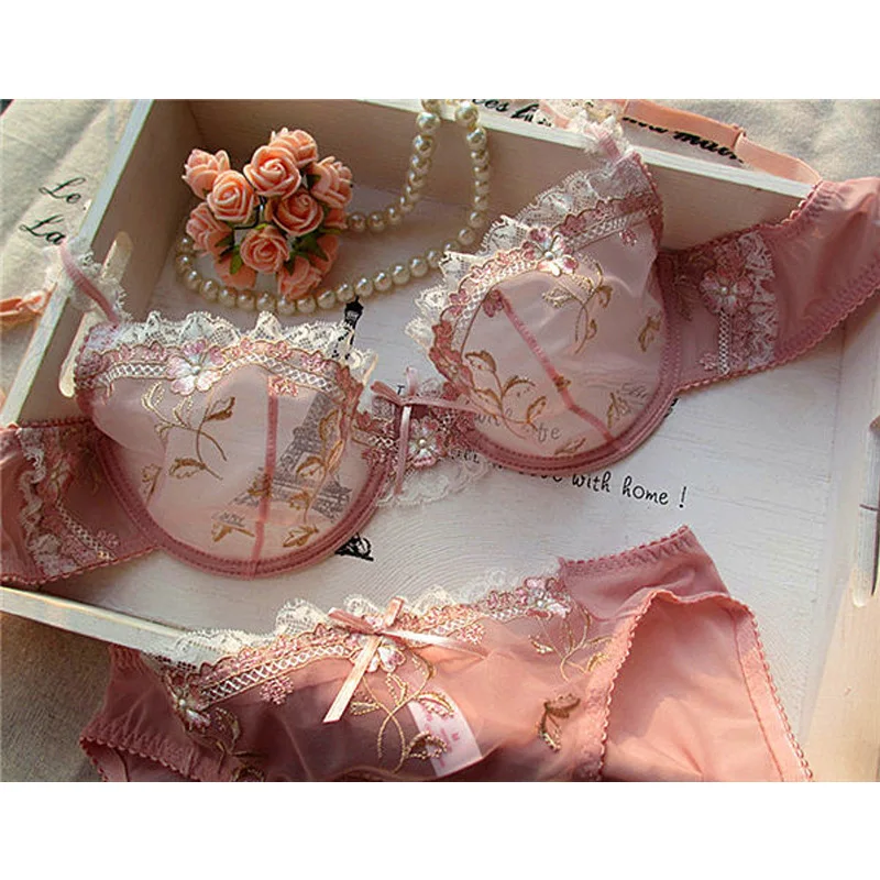 Embroidered hollow out sexy Exquisite Embroidery Lotus Pink Ultra-Thin  Women's Sexy Transparent Lace Underwear Bra Lingerie Set